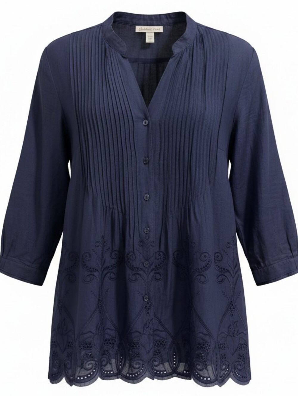 Coldwater Creek Navy Pintuck & Embroidered Button-Front Tunic Size 1X